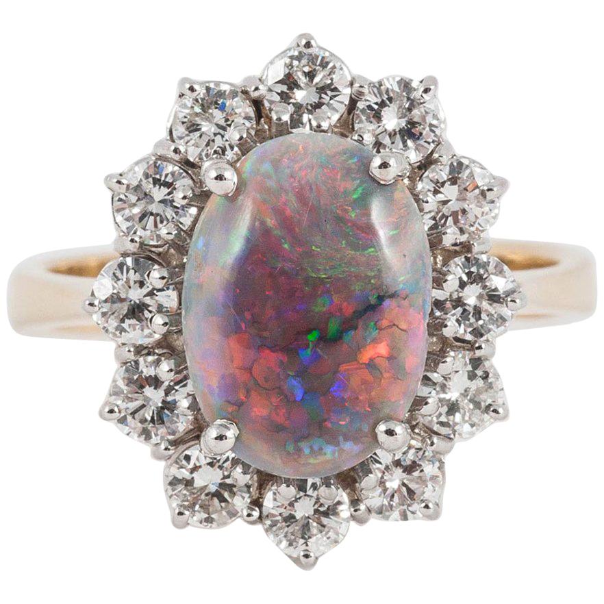 Black Opal White Diamond Cluster Engagement 18 Karat Gold Ring For Sale