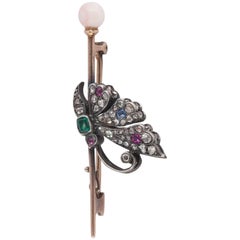 Victorian Sapphire Diamond Pearl Ruby Butterfly in Profile Pin Brooch