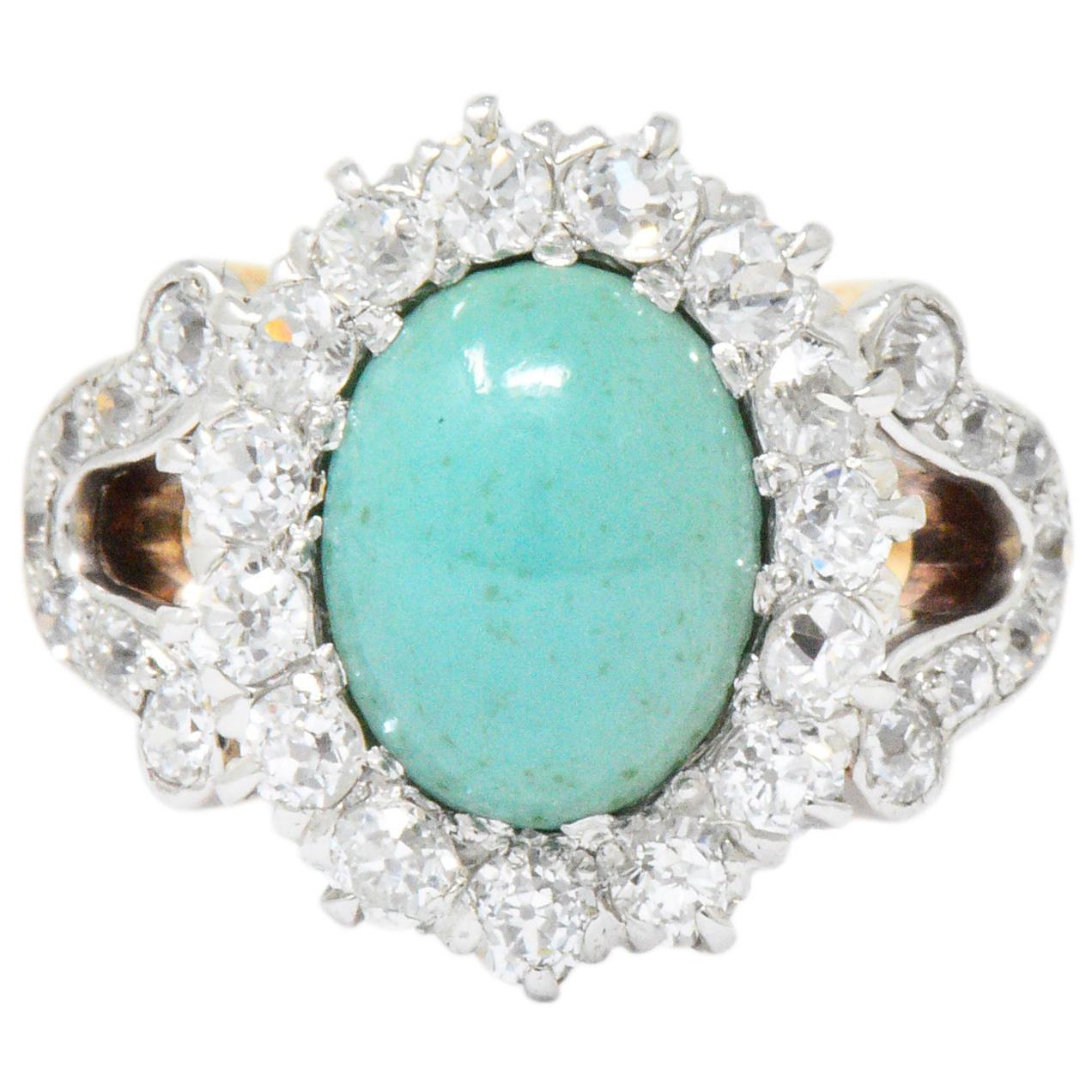 Edwardian 1.26 Carat Diamond Turquoise Platinum-Topped 14 Karat Gold Ring