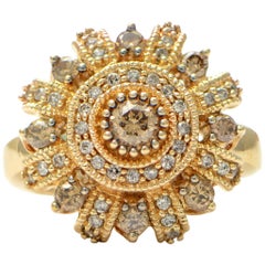 14 Karat Yellow Gold Champagne Diamond Cluster Ring Excellent Condition 9.5g