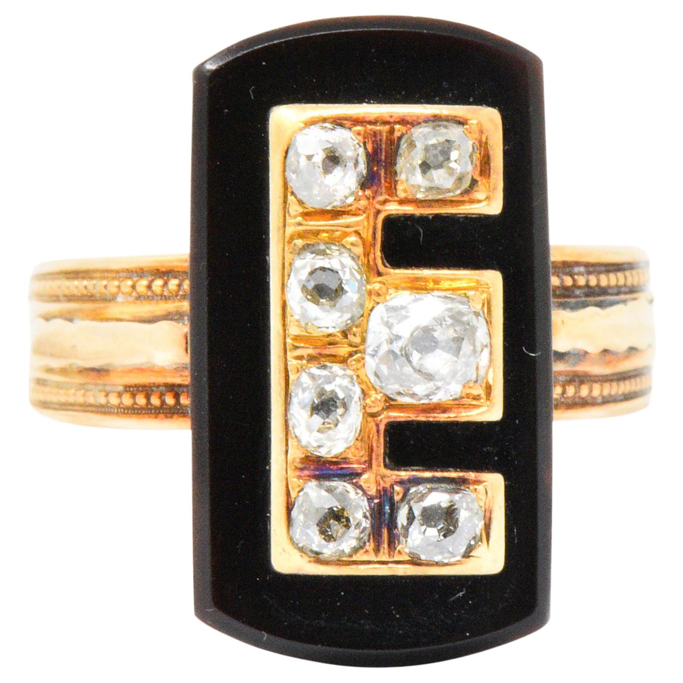 Victorian 0.45 Carat Diamond Onyx 14 Karat Rose Gold Mourning Ring