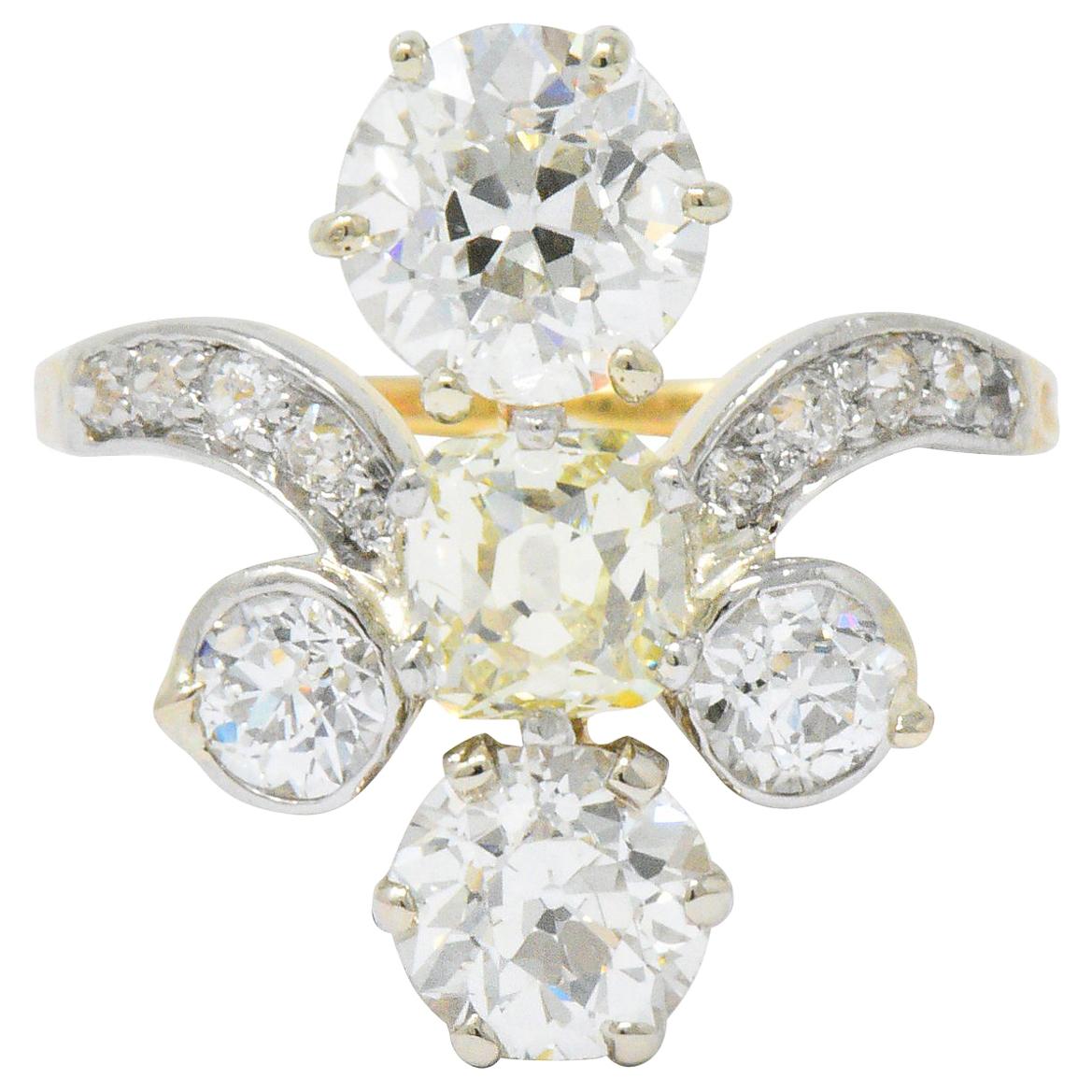 Edwardian 3.95 Carat Diamond Yellow Diamond Platinum-Topped 18 Karat Gold Ring