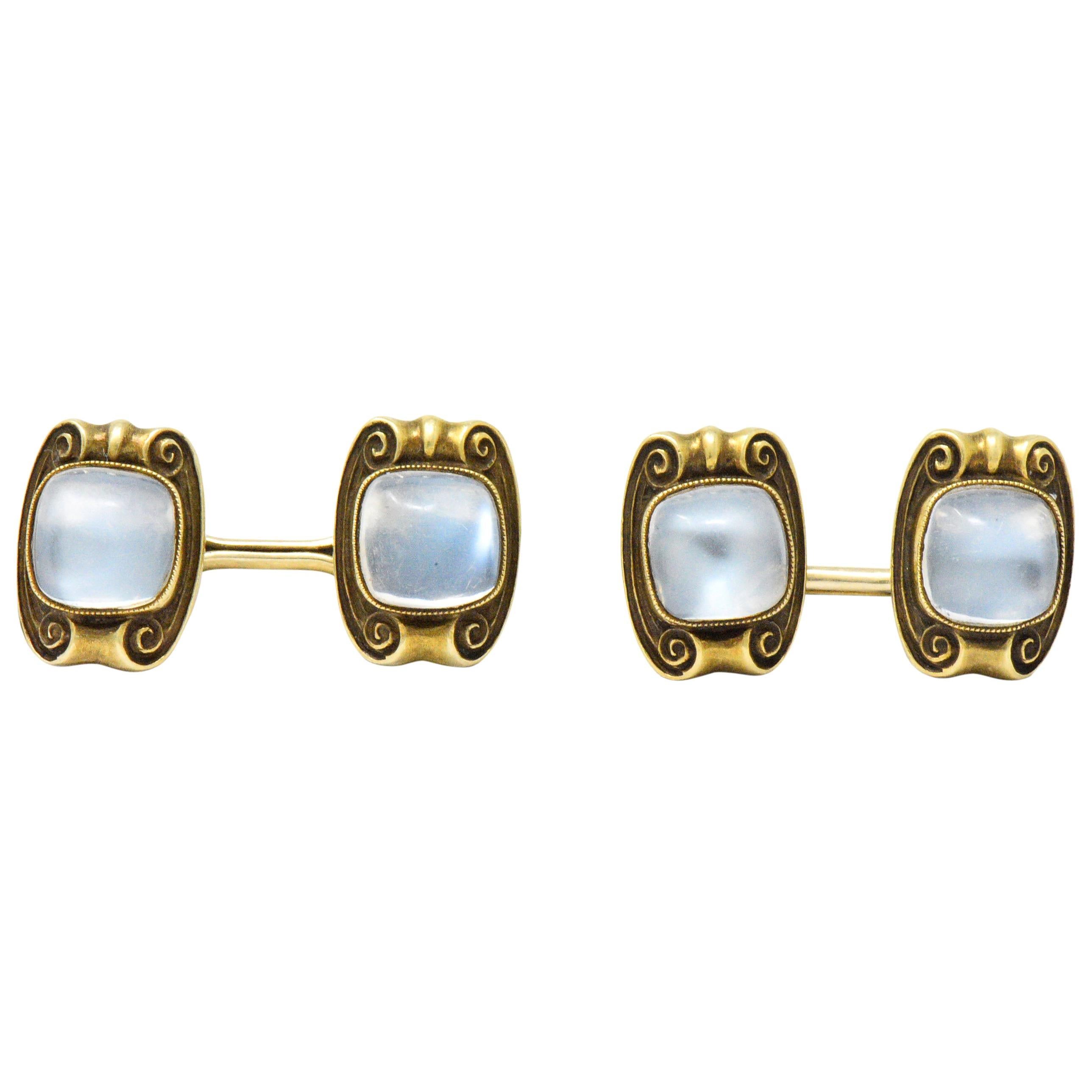 Art Nouveau Moonstone 14 Karat Gold Cufflinks