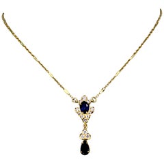 Vintage 18 Karat Gold Ladies Necklace with Blue Sapphires and Diamonds, 1950s
