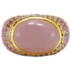 Solid 18 Karat Gold Genuine Rose Quartz, Diamond and Pink Sapphire Ring 12.8g