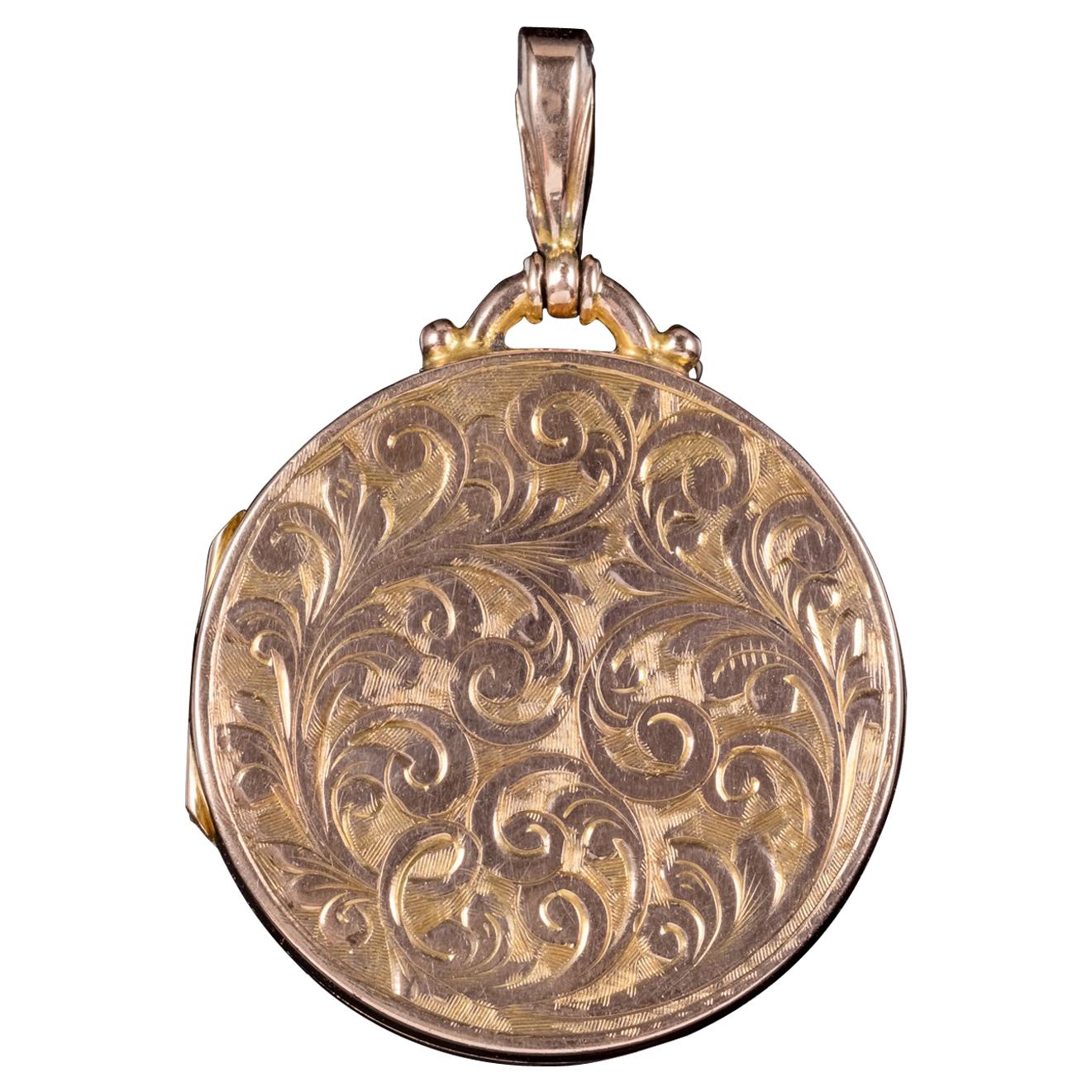 Antique Victorian 9 Carat Rose Gold Round Engraved Locket, circa 1900