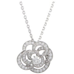 Vintage Chanel Camellia Diamond Pave Gold Flower Pendant Necklace