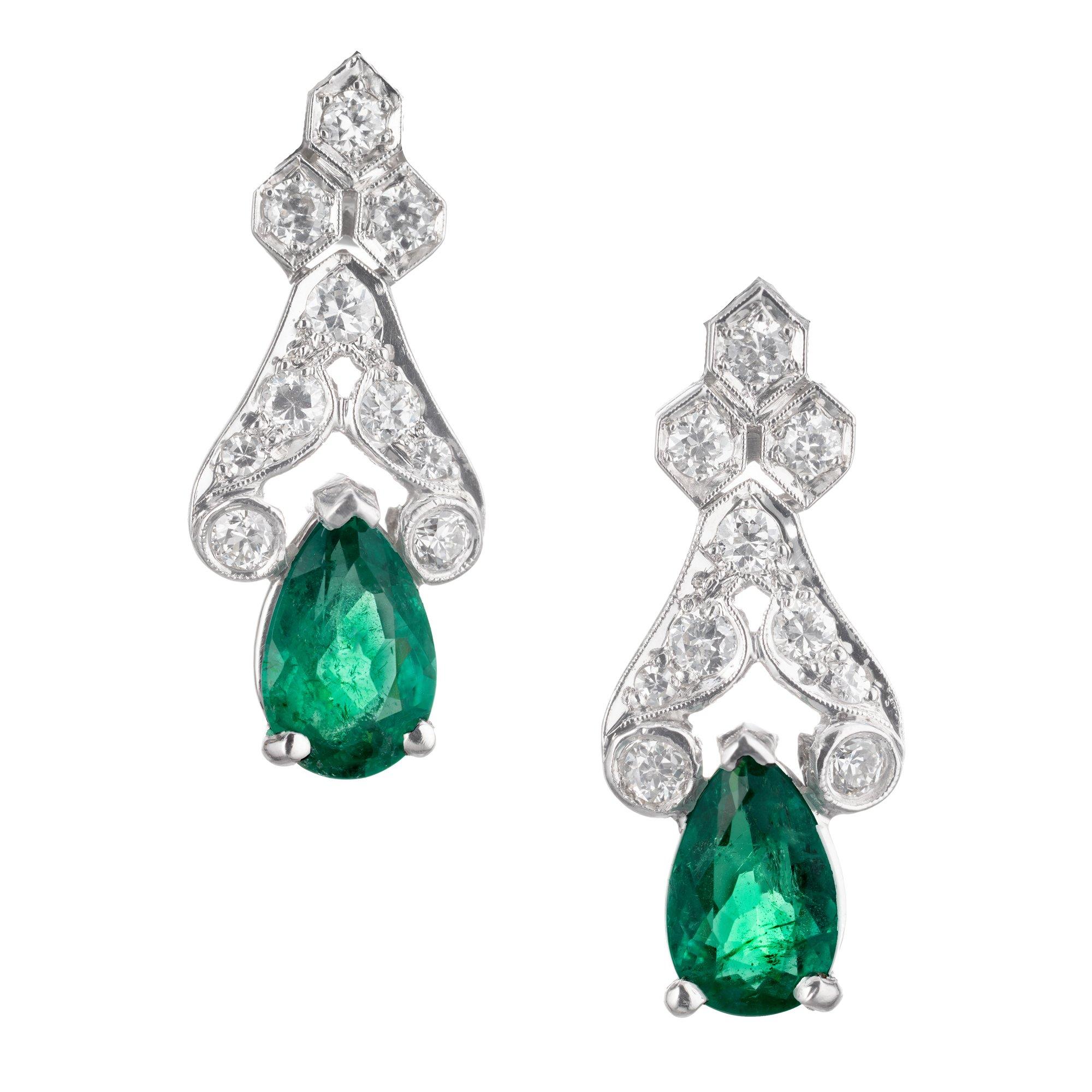 1.80 Carat Emerald Diamond Platinum Dangle Earrings For Sale