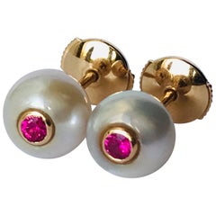 18K Rose Gold, Pearls and Rubies Pair of Stud Earrings by Frederique Berman