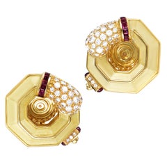 Chaumet Ruby Diamond Gold Clip-On Earrings