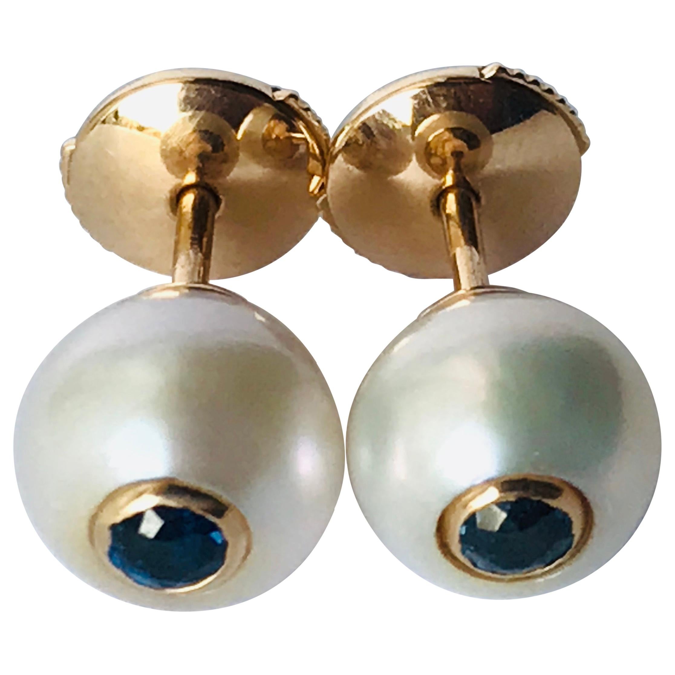 18K Rose Gold, Pearls and Sapphires Pair of Stud Earrings by Frederique Berman