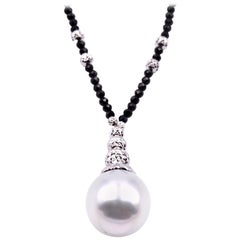 Faceted Black Spinel Bead and White South Sea Pearl Drop Necklace