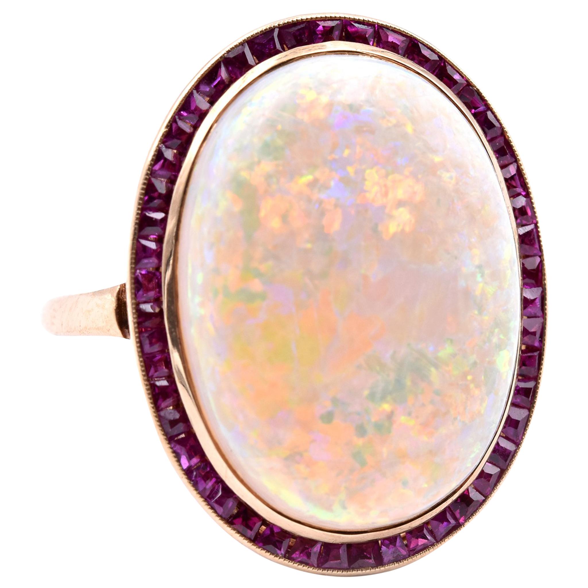 14 Karat Yellow Gold Opal and Ruby Ring