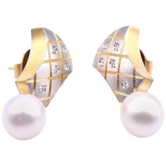 18 Karat Yellow Gold and Platinum Diamond and Pearl Earrings