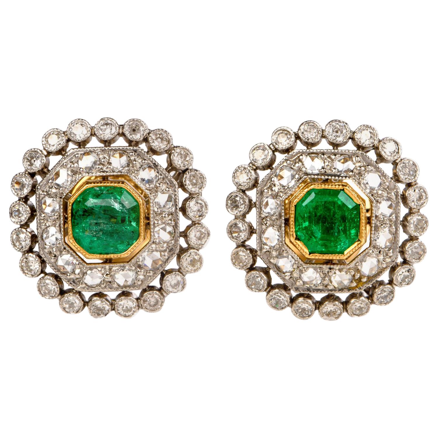 Vintage Emerald Diamond Platinum Stud Earrings