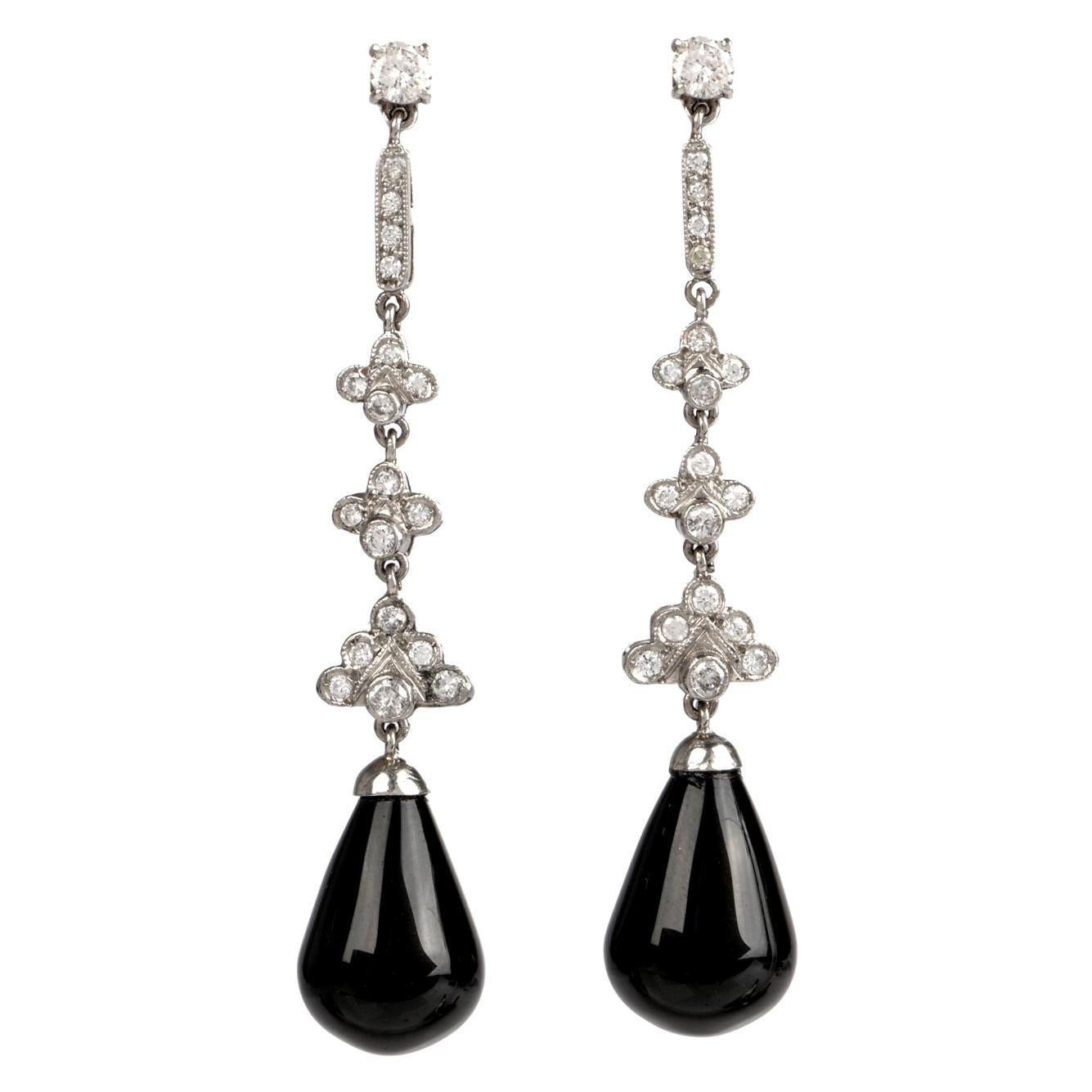 Diamond Onyx Platinum Dangle Drop Earrings