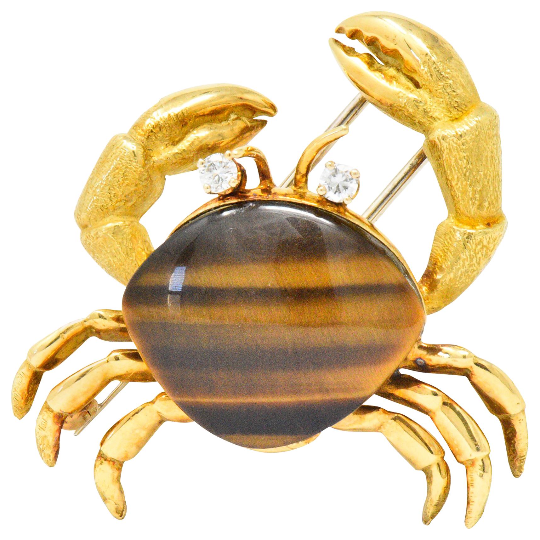 Tiffany & Co. Diamond Tigers Eye 18 Karat Gold Crab Brooch Clip
