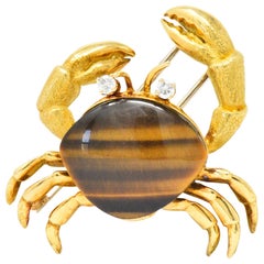 Tiffany & Co. Diamond Tigers Eye 18 Karat Gold Crab Brooch Clip