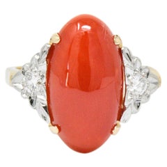 1940s Ox Blood Red Coral Diamond 14 Karat Gold Ring