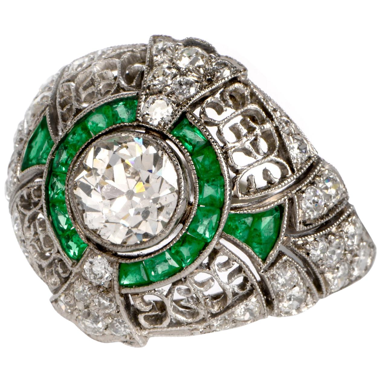 Edwardian Style Emerald Diamond Platinum Dome Engagement Ring