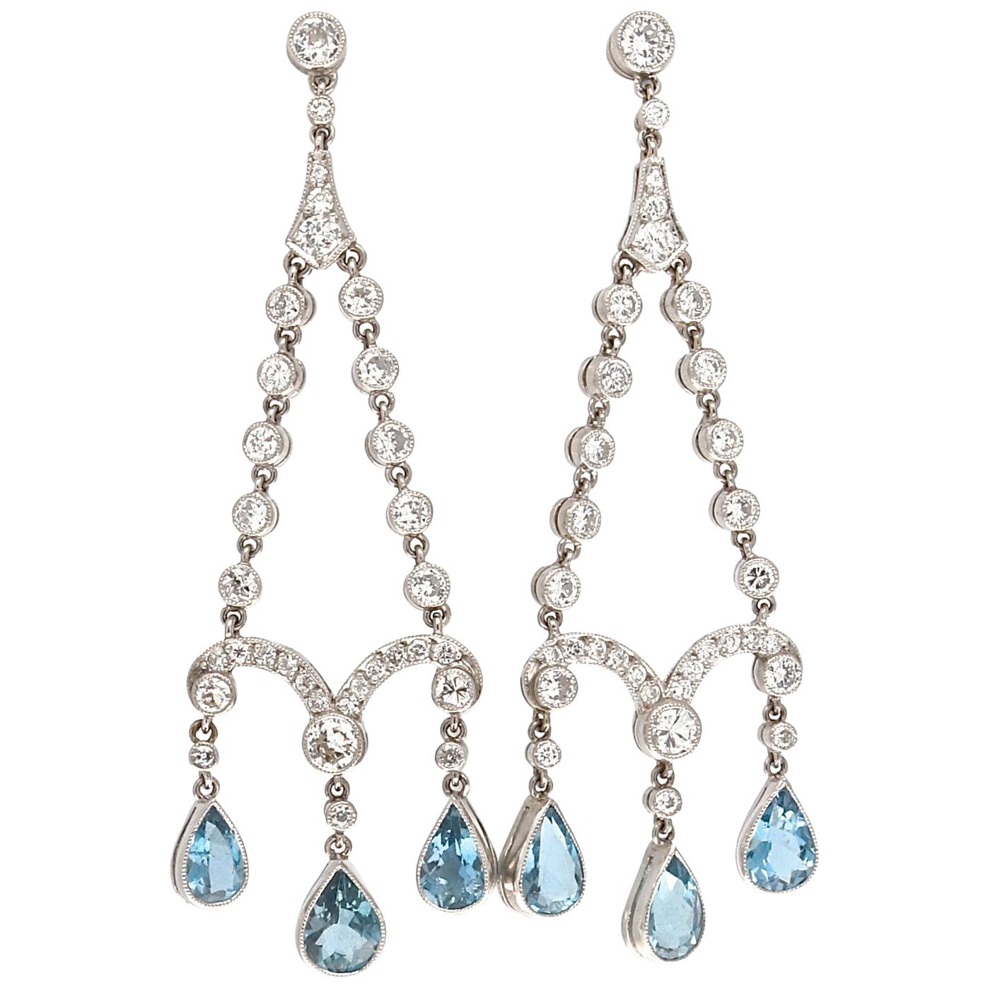 Art Deco Revival Aquamarine Diamond Platinum Earrings