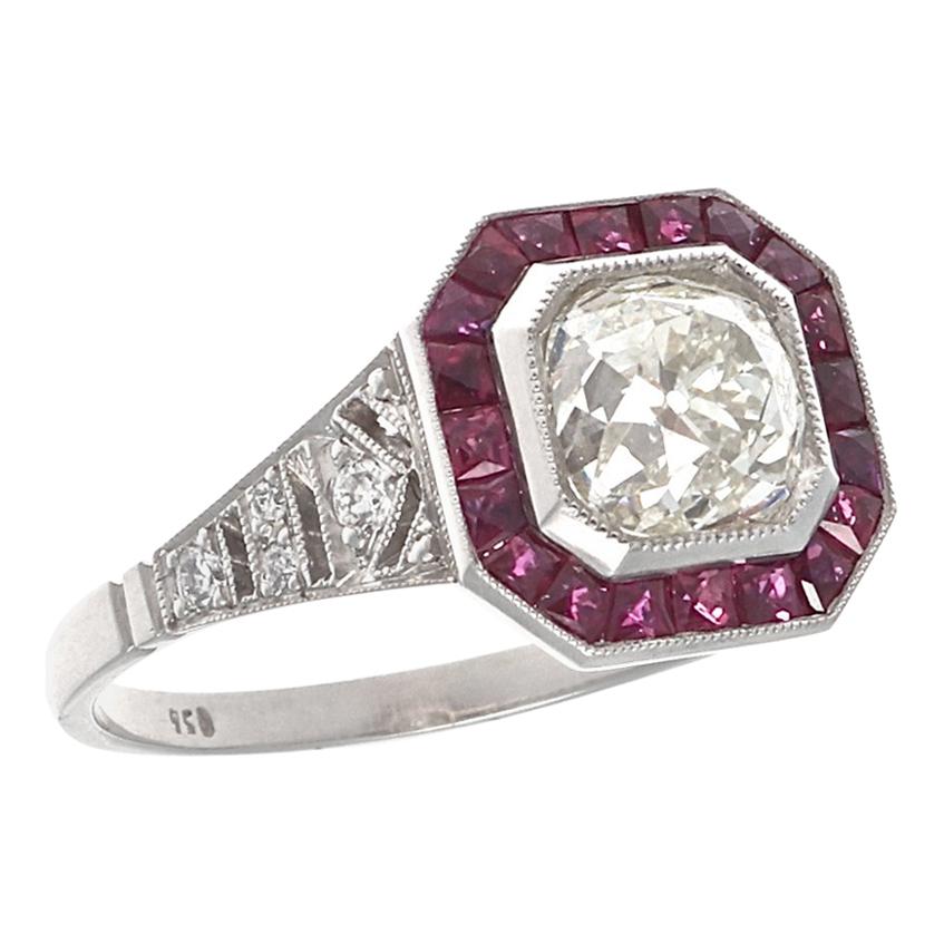 Art Deco Style 1.25 Carat Diamond Ruby Platinum Engagement Ring