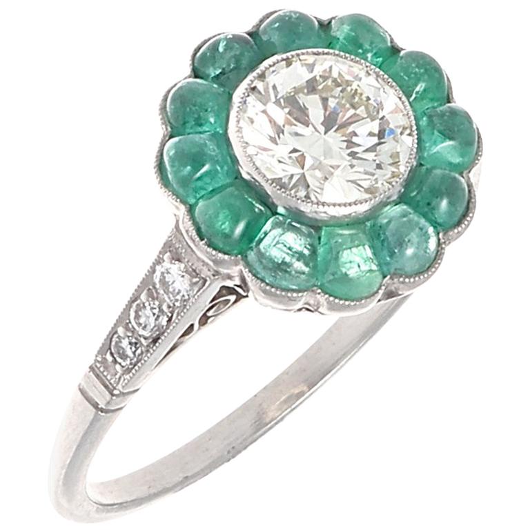 Art Deco Revival Diamond Emerald Platinum Engagement Ring