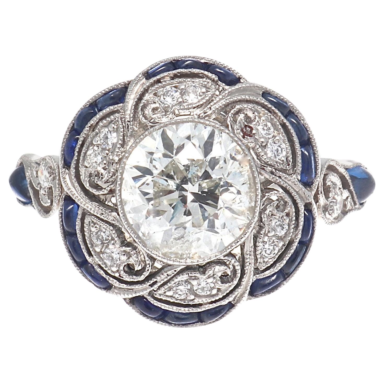 Art Deco Revival 1.32 Carat Diamond Sapphire Platinum Ring