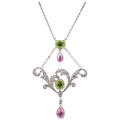 Antique Edwardian Suffragette Diamond Peridot Spinel Platinum Pendant Necklace
