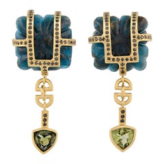 18ct Yellow Gold, Kyanite, Black Diamond and Green Tourmaline Drop Earrings