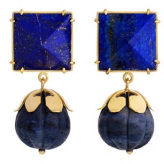 18ct Yellow Gold, Sodalite and Lapis Lazuli Pyramid 'Flower Bomb' Earrings
