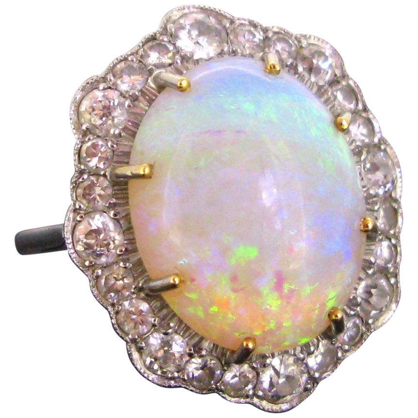 Retro Opal Diamonds Platinum Cocktail Daisy Cluster Ring