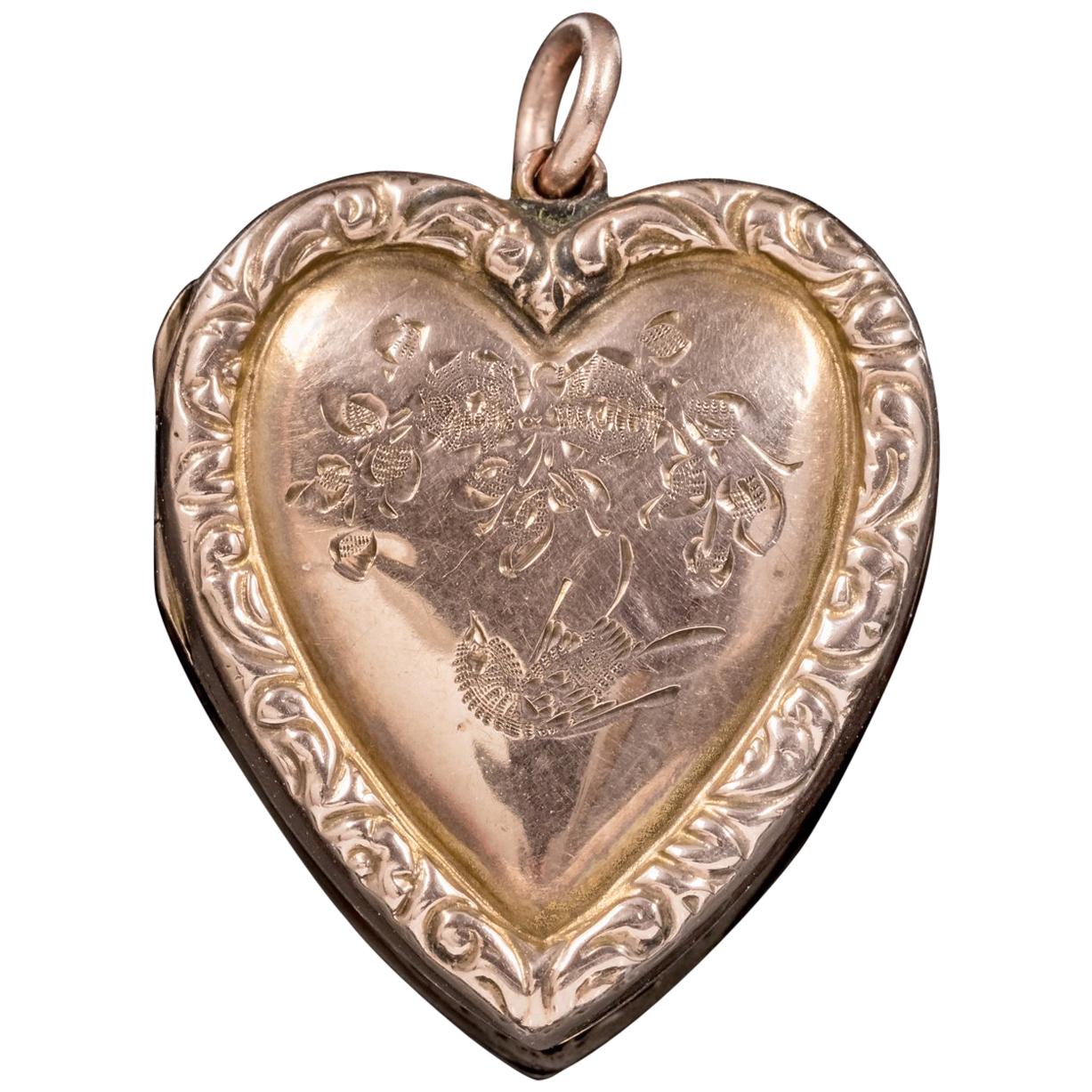 Antique Victorian Swallow Heart Locket 9 Carat Back and Front, circa 1900