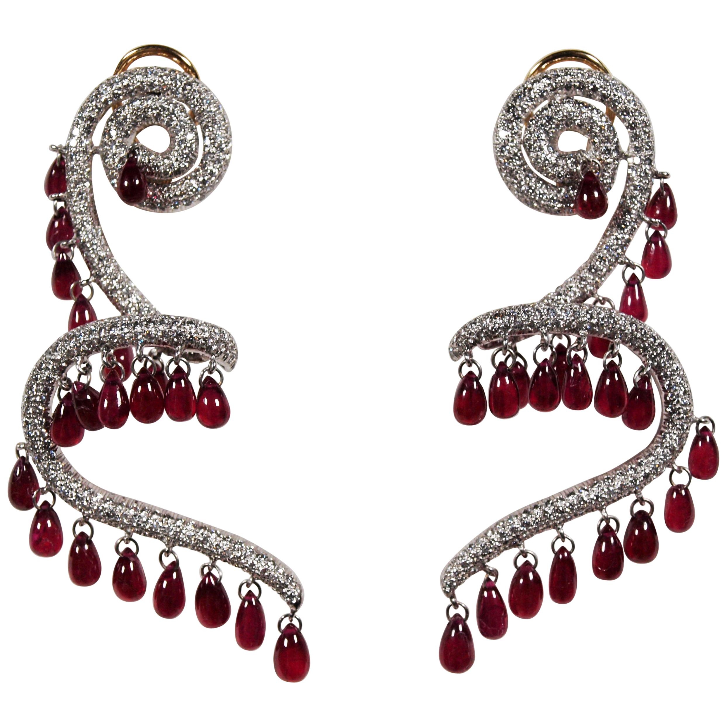 Rhodium Plated 18 Karat Yellow Gold Ruby and Diamond Spiral Earrings