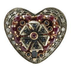 Diamonds, 3.45 Carat Rubies and Blue Sapphires Heart Shape Rose Gold Silver Ring