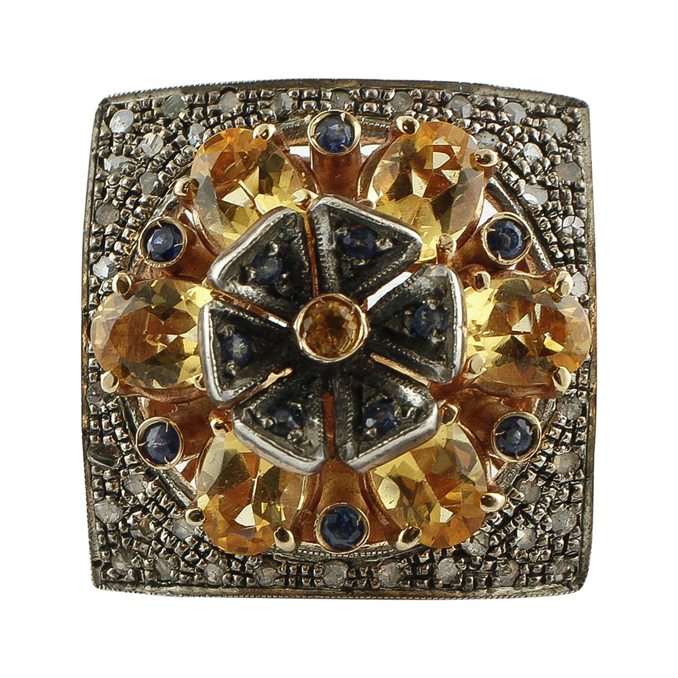 0.54 Diamonds, 4.77 ct Blue and Yellow Sapphires Rose Gold Silver Fashion Ring