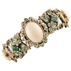 Vintage Diamonds, Emeralds, Sapphires, Tsavorites, Pink Coral, Pearls, Gold Silver Bracelet
