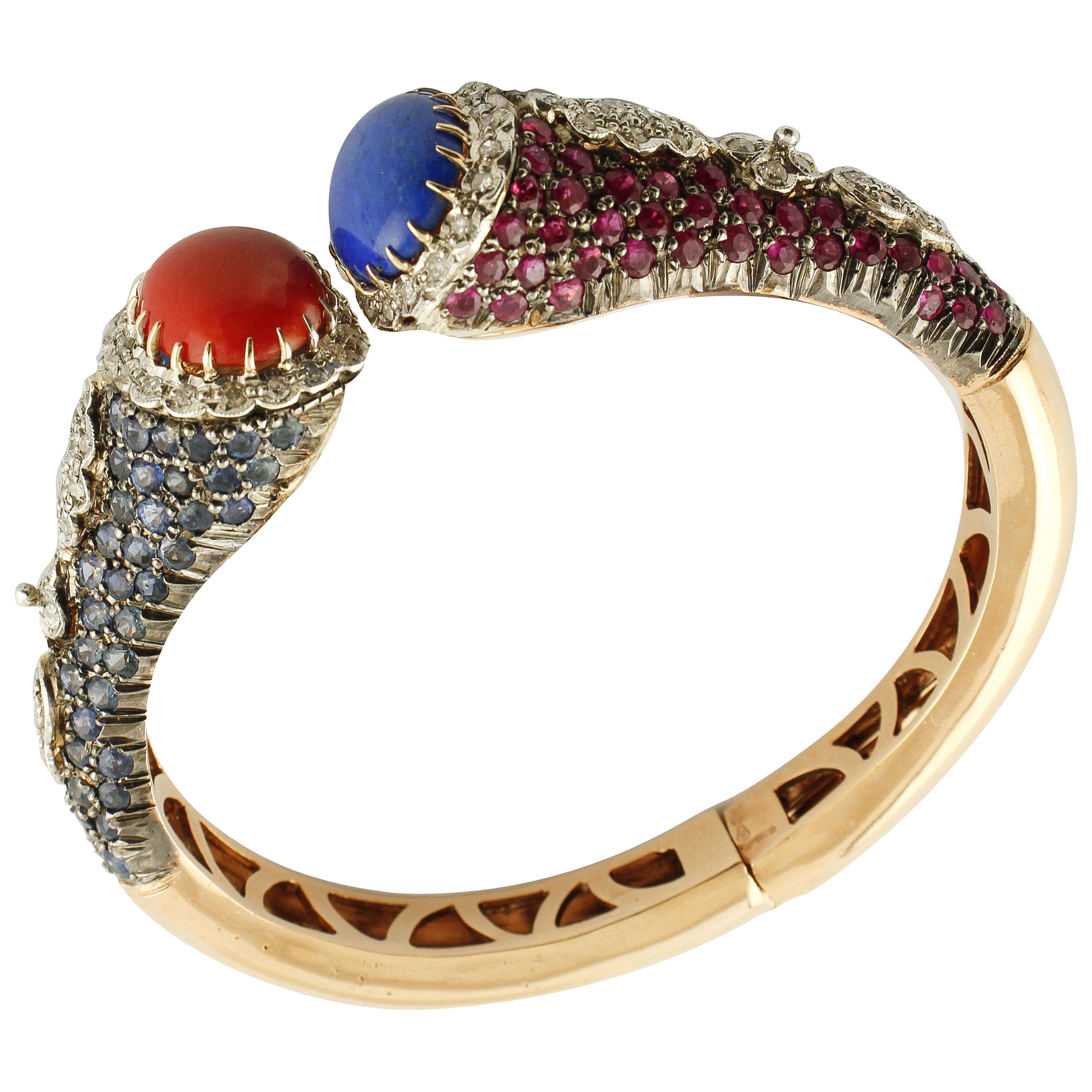 Diamonds, Rubies, Sapphires, Red Coral, Lapis Rose Gold Silver Cuff Bracelet