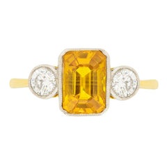 Vintage Yellow Sapphire and Diamond Three-Stone Ring, circa 1950s