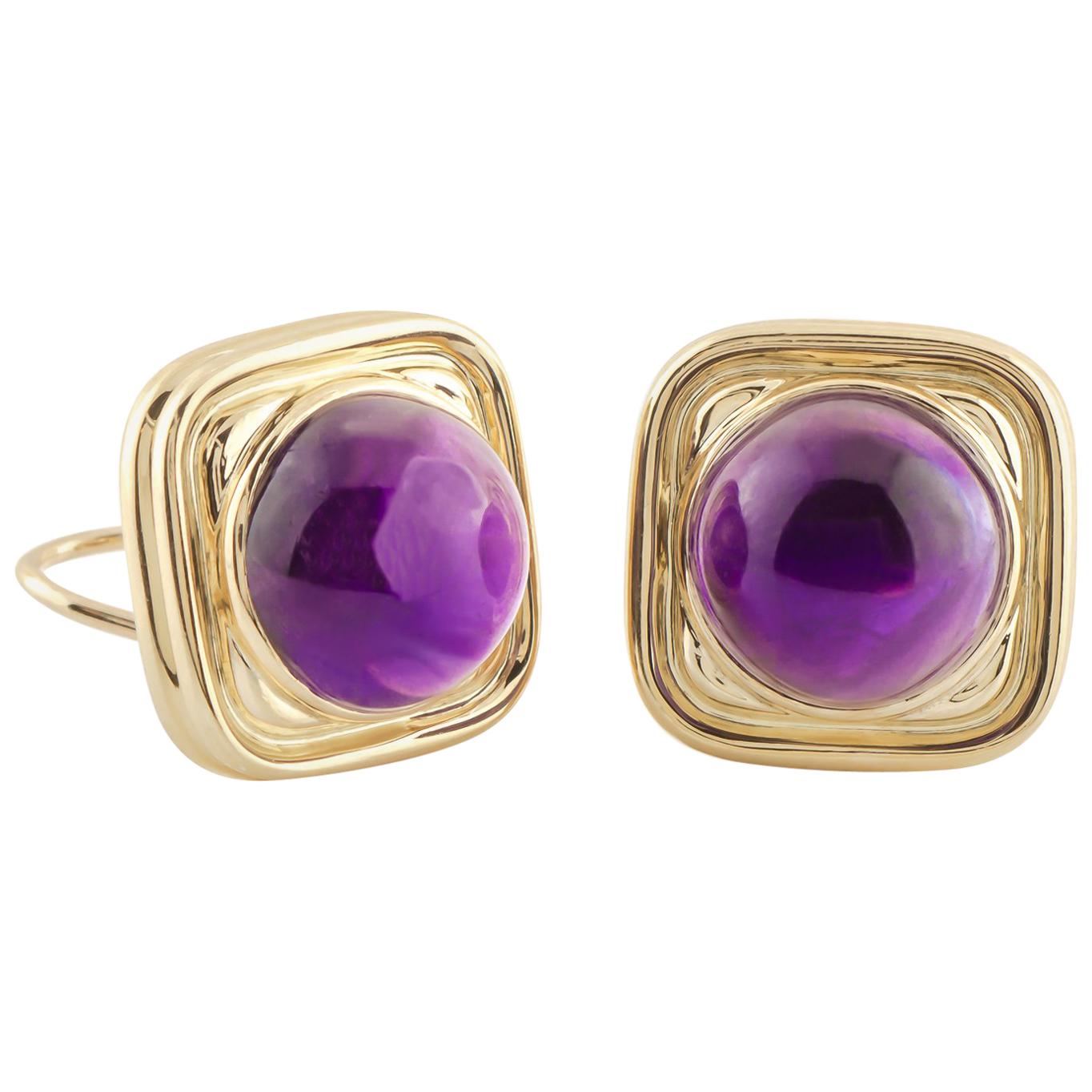 18K Yellow Gold 30.00ctw Cabochon Amethyst Square Frame Earrings