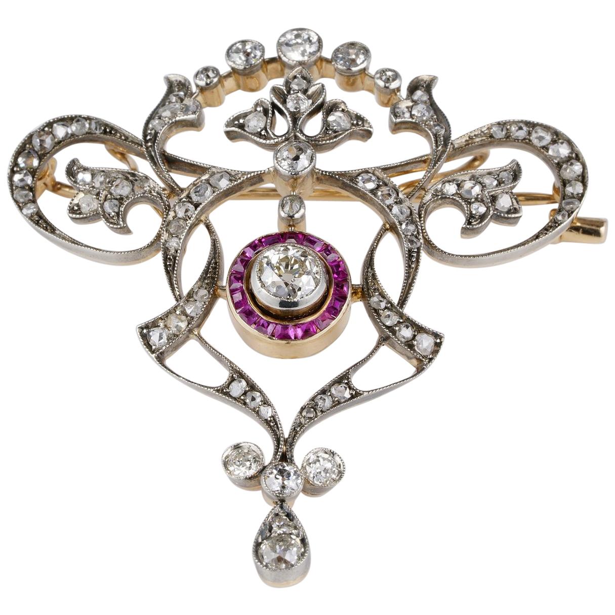 Stunning Diamond Natural Ruby Brooch Pendant Necklace For Sale