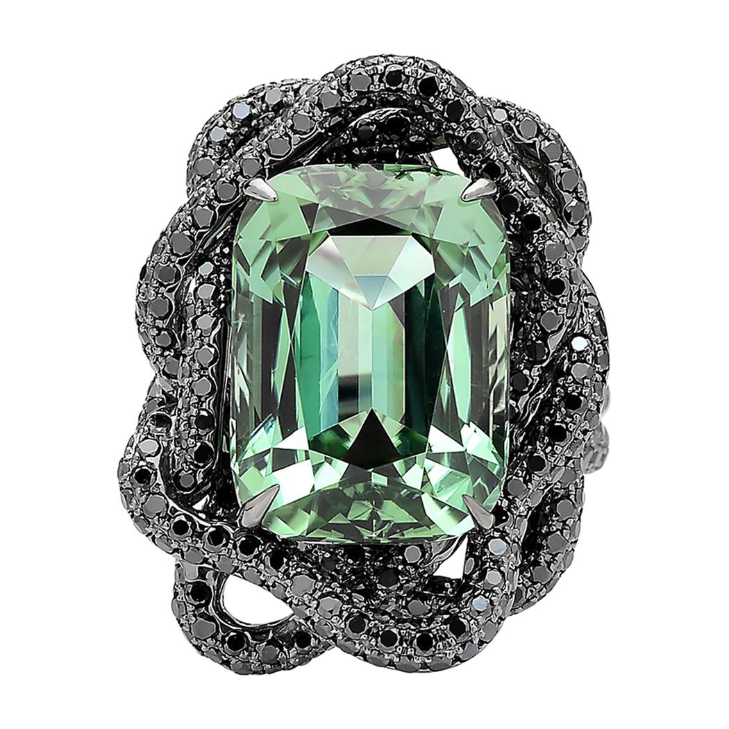 Green Tourmaline and Black Diamond Ring in 18 Karat White Gold Black Rhodium For Sale