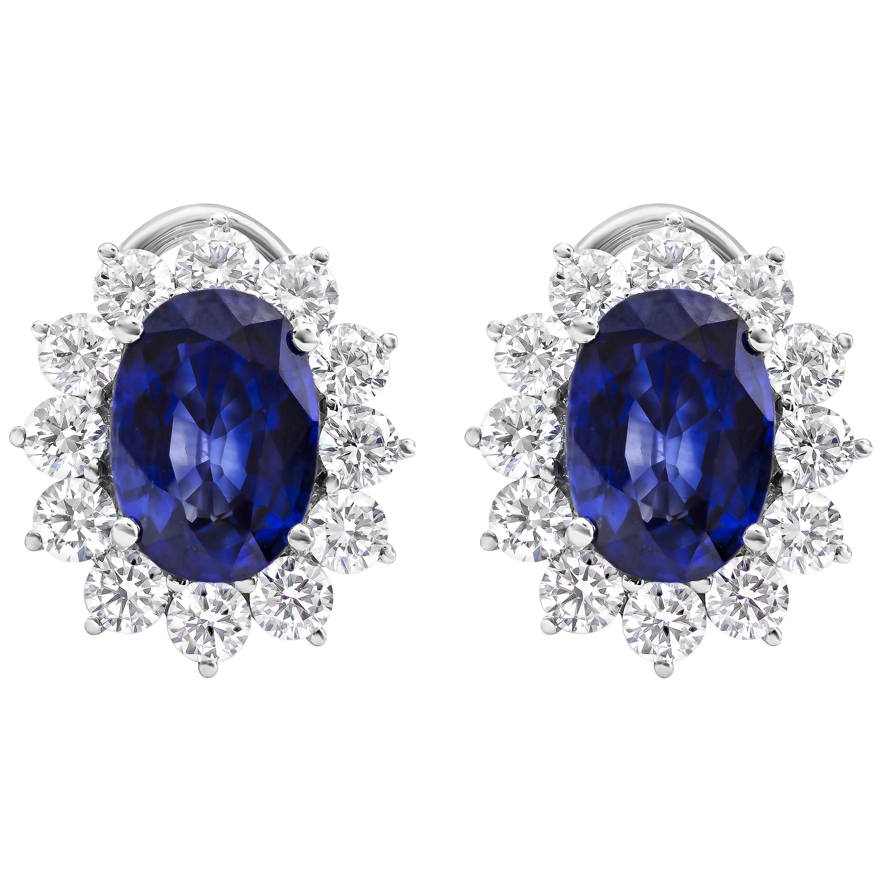 Roman Malakov, Oval Cut Blue Sapphire and Diamond Halo Flower Earrings ...