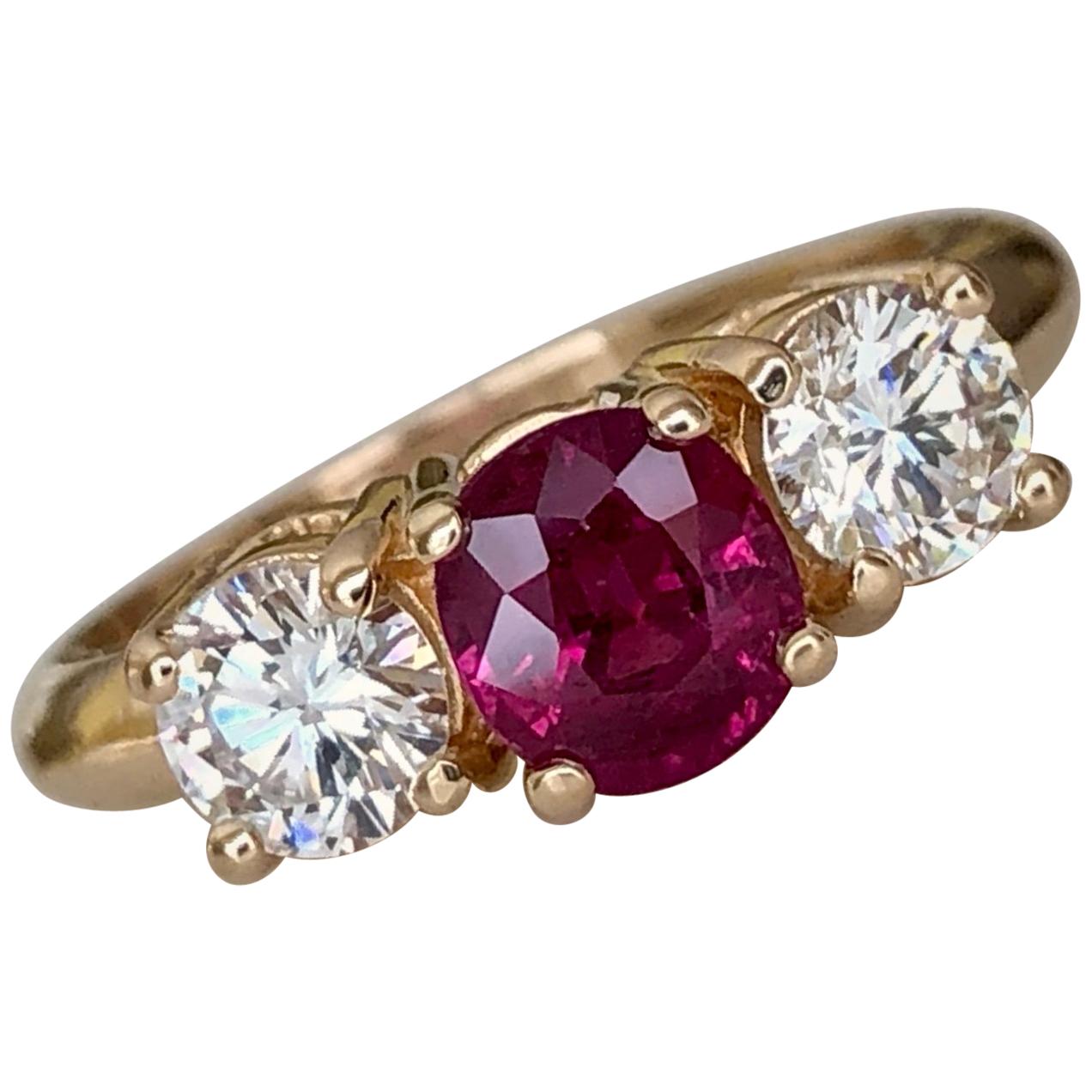 Estate Natural Ruby Diamond Trilogy Engagement Ring Gold