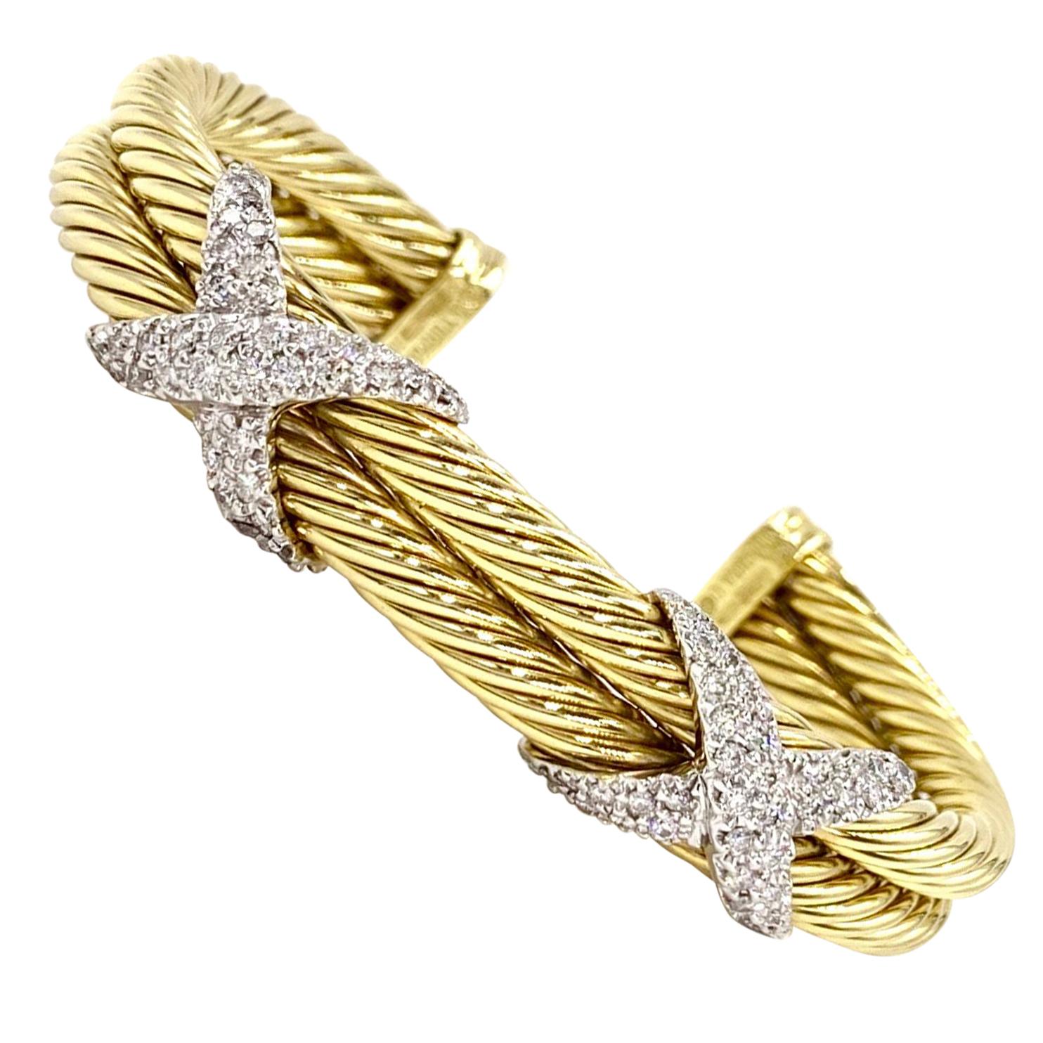 David Yurman 18 Karat Yellow Gold and Diamond Cable Cuff Bracelet For Sale