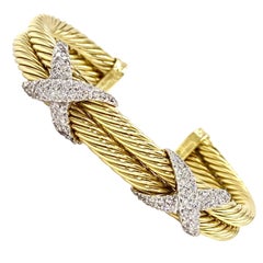 David Yurman 18 Karat Yellow Gold and Diamond Cable Cuff Bracelet