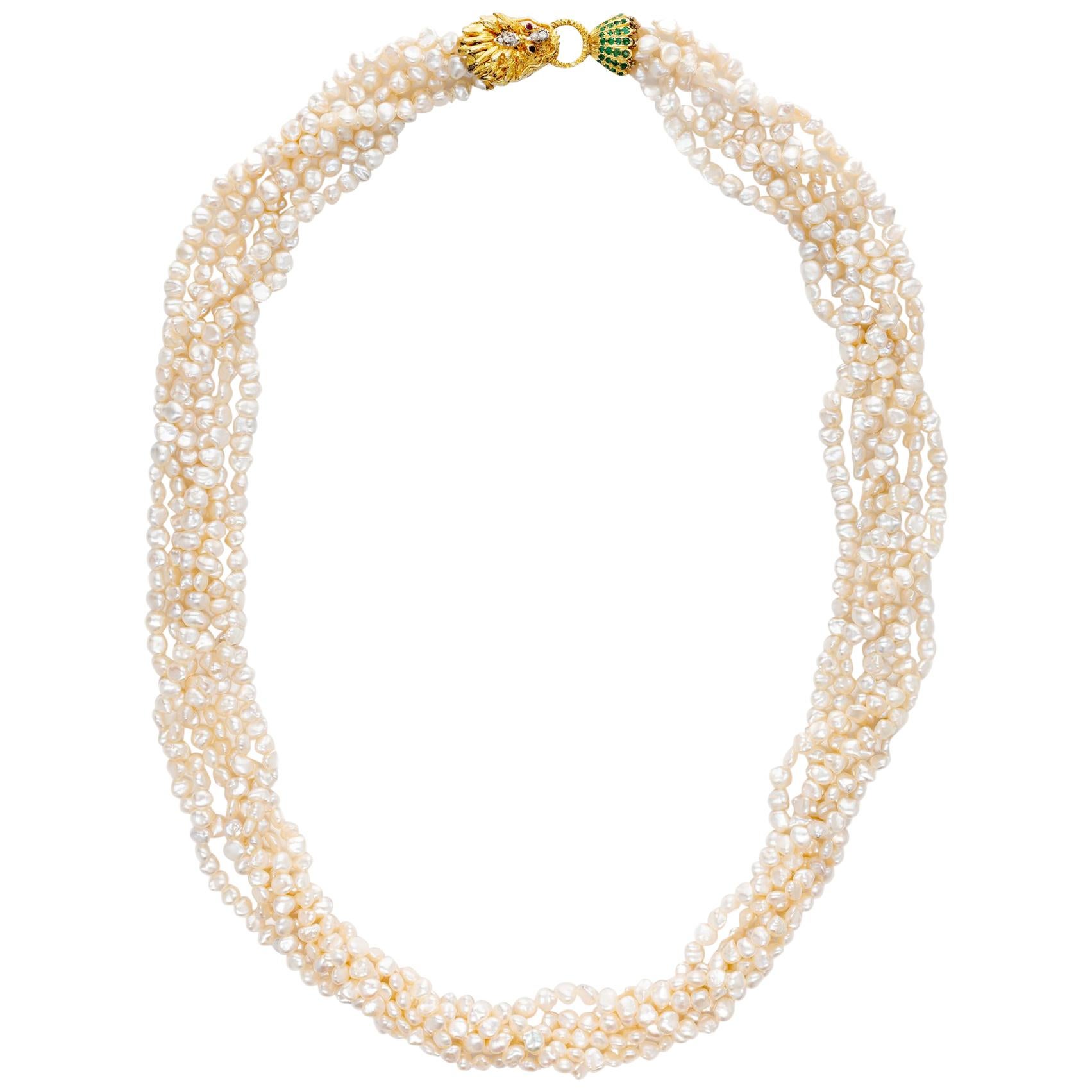 Lions Head Multi Strand Pearl Emerald Ruby Diamond Gold Necklace For Sale