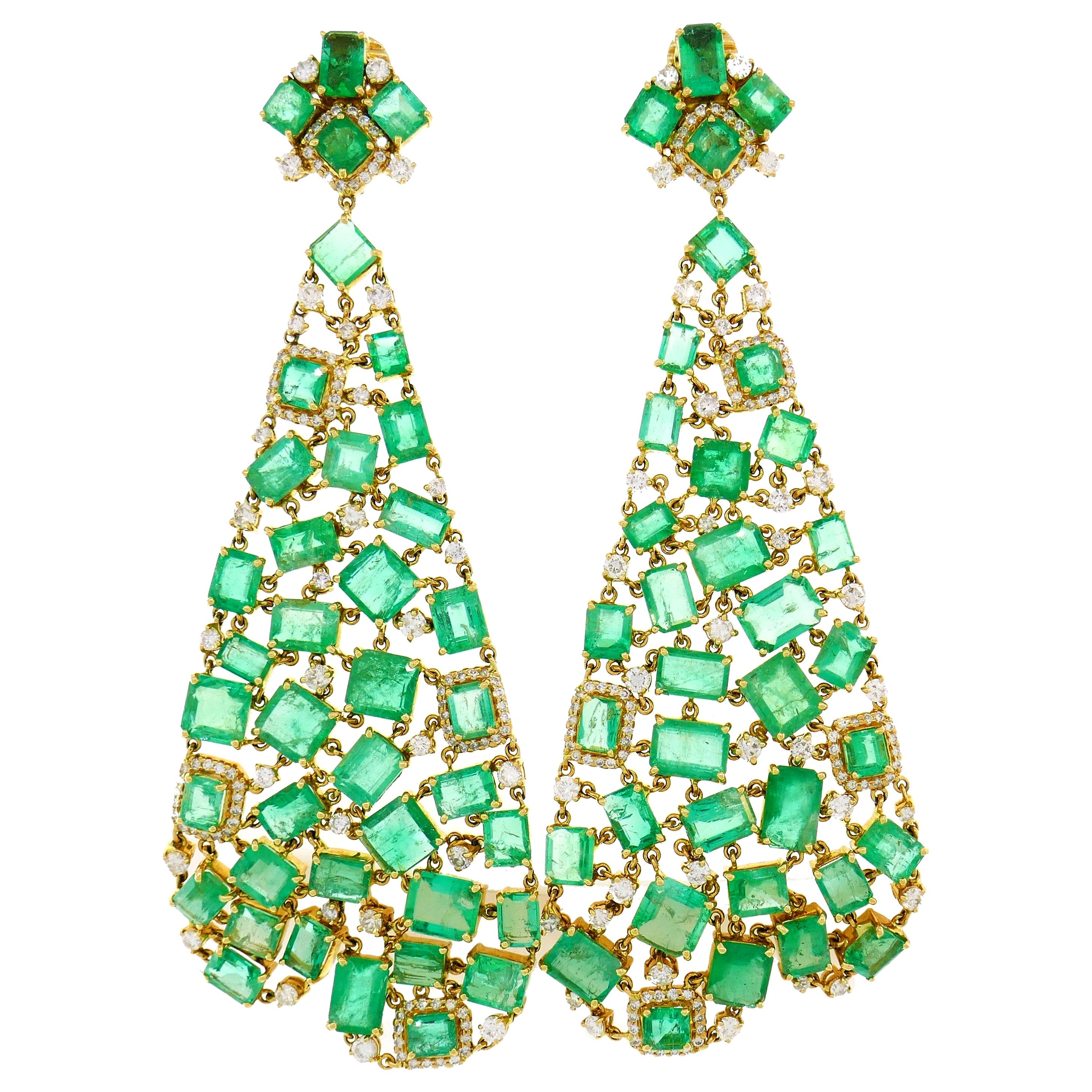 Emerald Diamond Gold Chandelier Earrings 