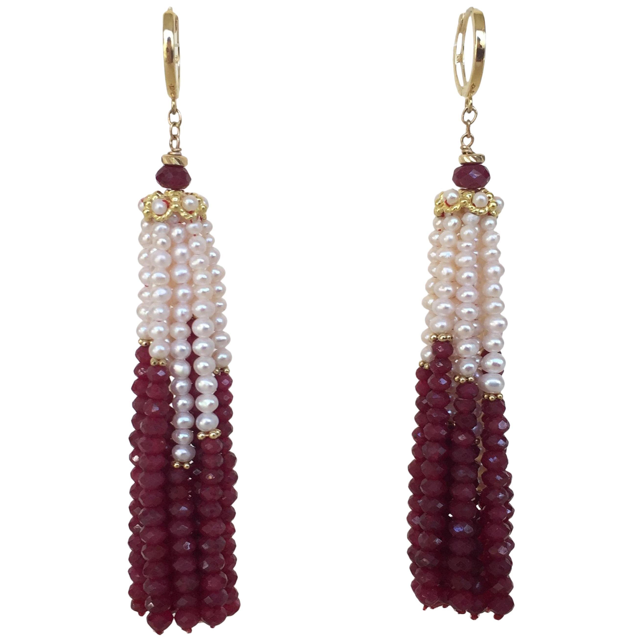 Marina J White Pearl and Ruby Graduated Tassel Earrings with 14 K Yellow Gold 