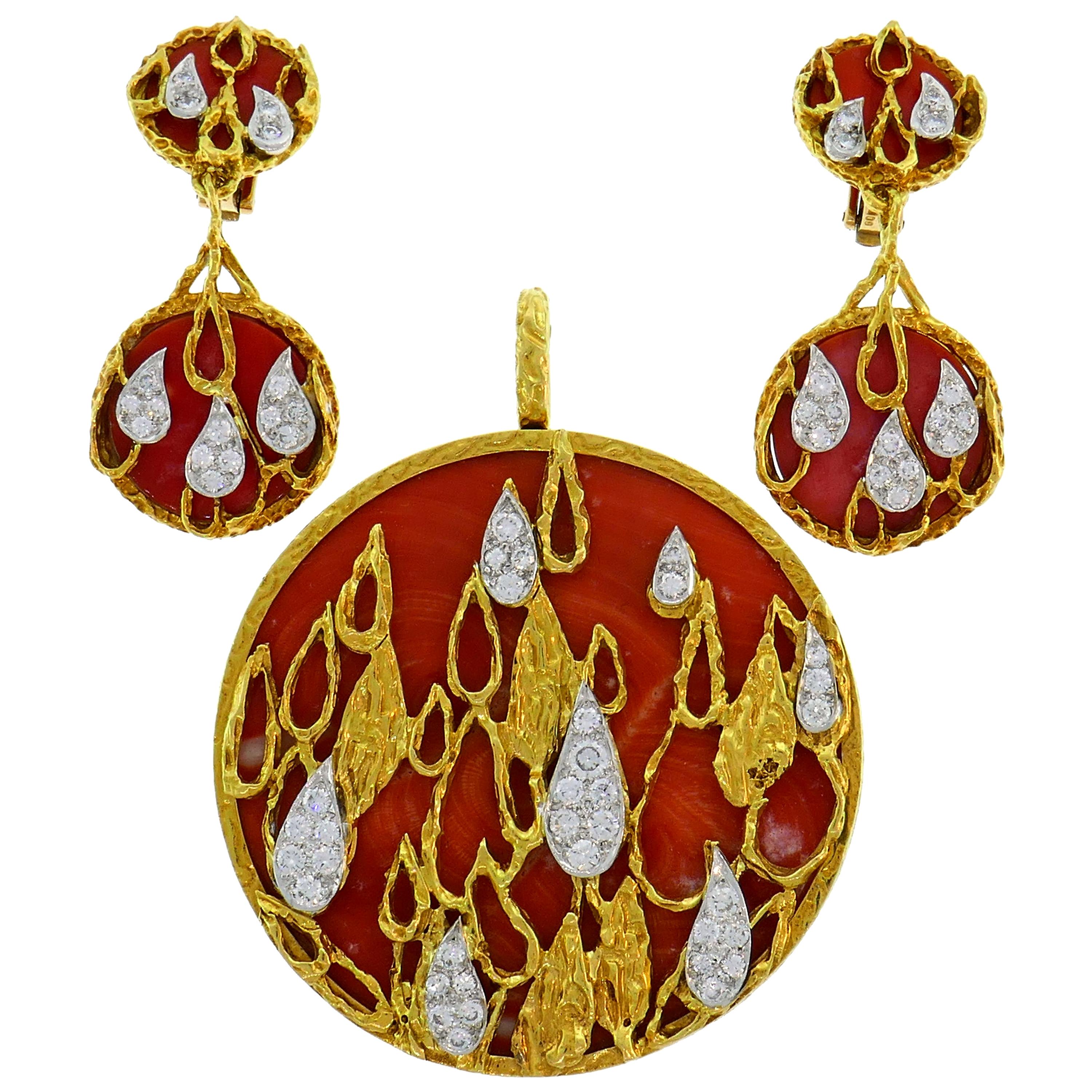 Kutchinsky Coral Diamond Gold Pendant Earrings Set